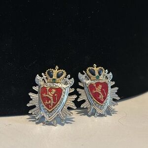 Vintage Regal Heraldic Clip-On‎ Earrings with Crown and Lion Motif